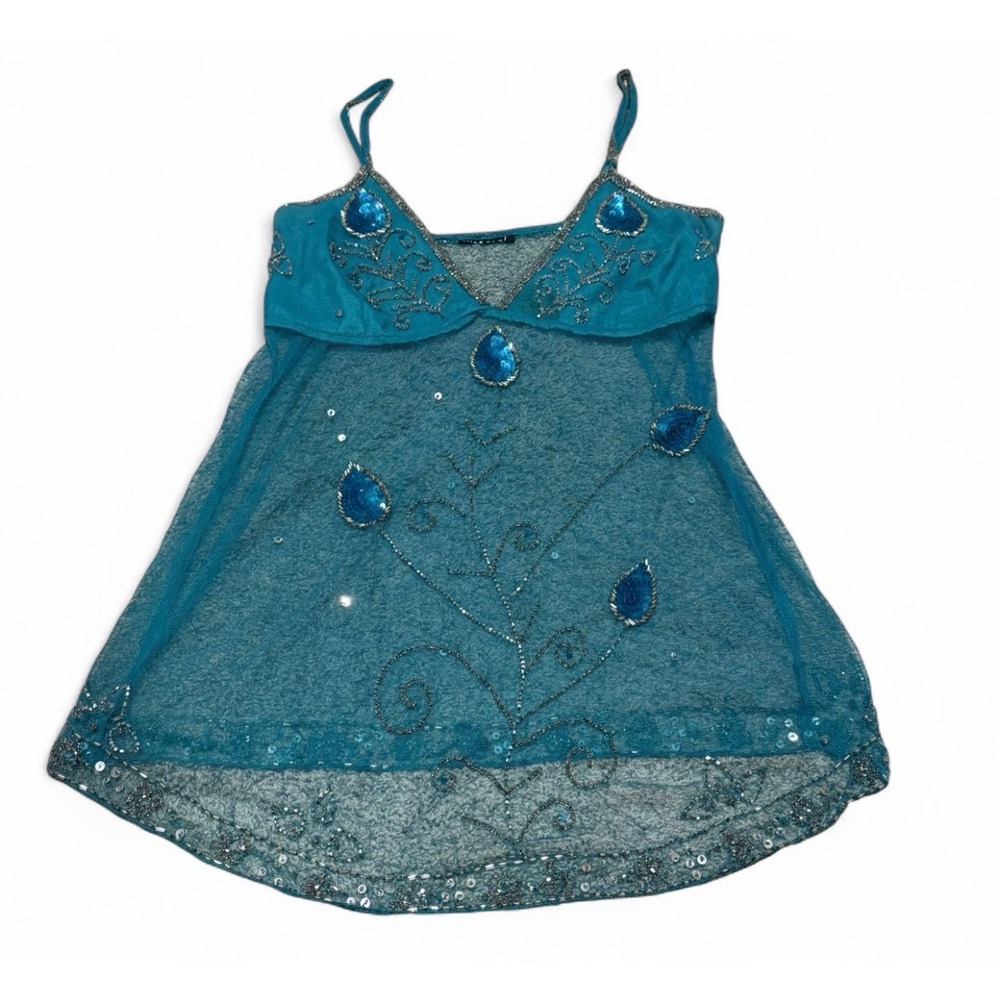 Vintage Wet Seal Y2K Teal Mesh Beaded Sequin Fairy Cami Top Festival L